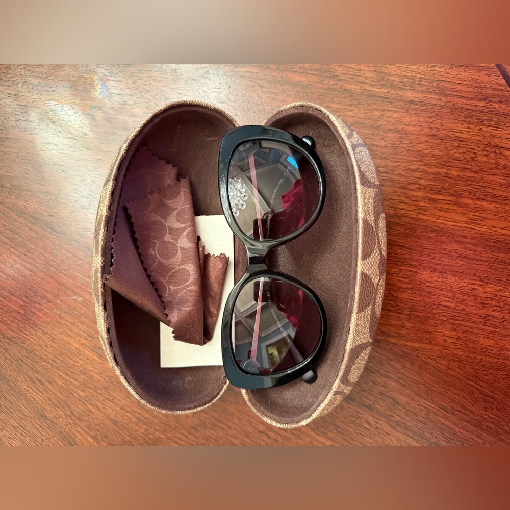 Coach Designer Women's Black Sunglasses with Gradient Gray Lenses and Gemstones